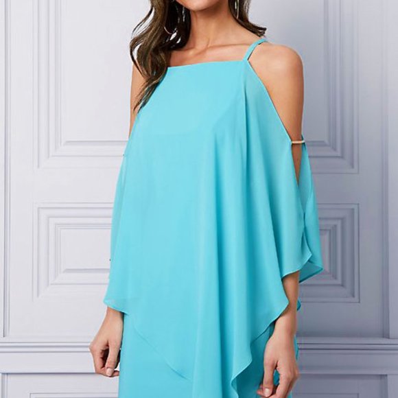 Size XXS Le Chateau Women Off Shoulder Cape Dress Chiffon Turquoise Knee Length - Picture 3 of 9